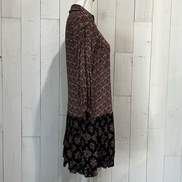 BOHO Mixed Print Rayon Long Sleeve Mini Shirtdress - Picture 3 of 16